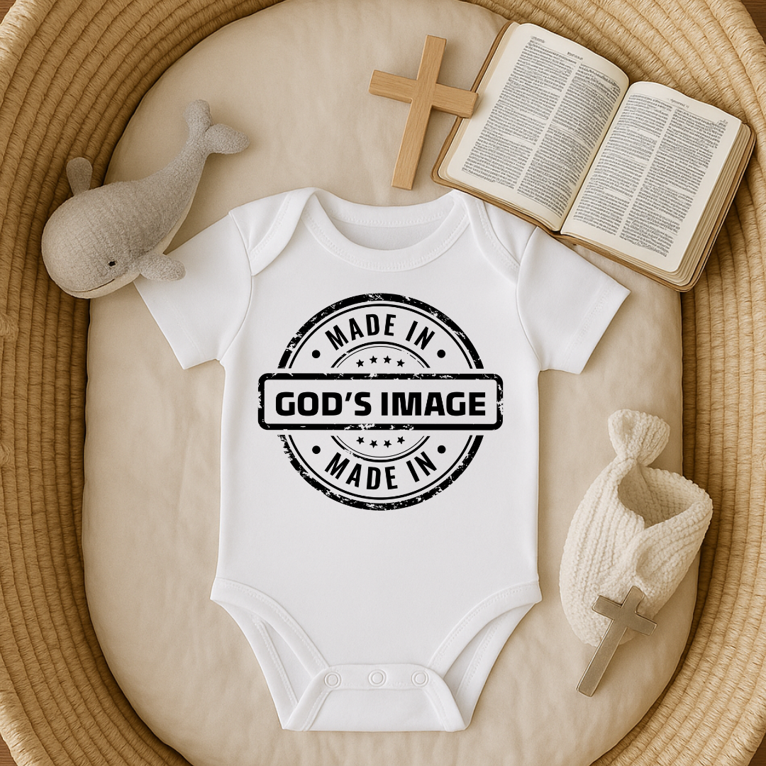 Made in God's Image Stamp Baby Onesie