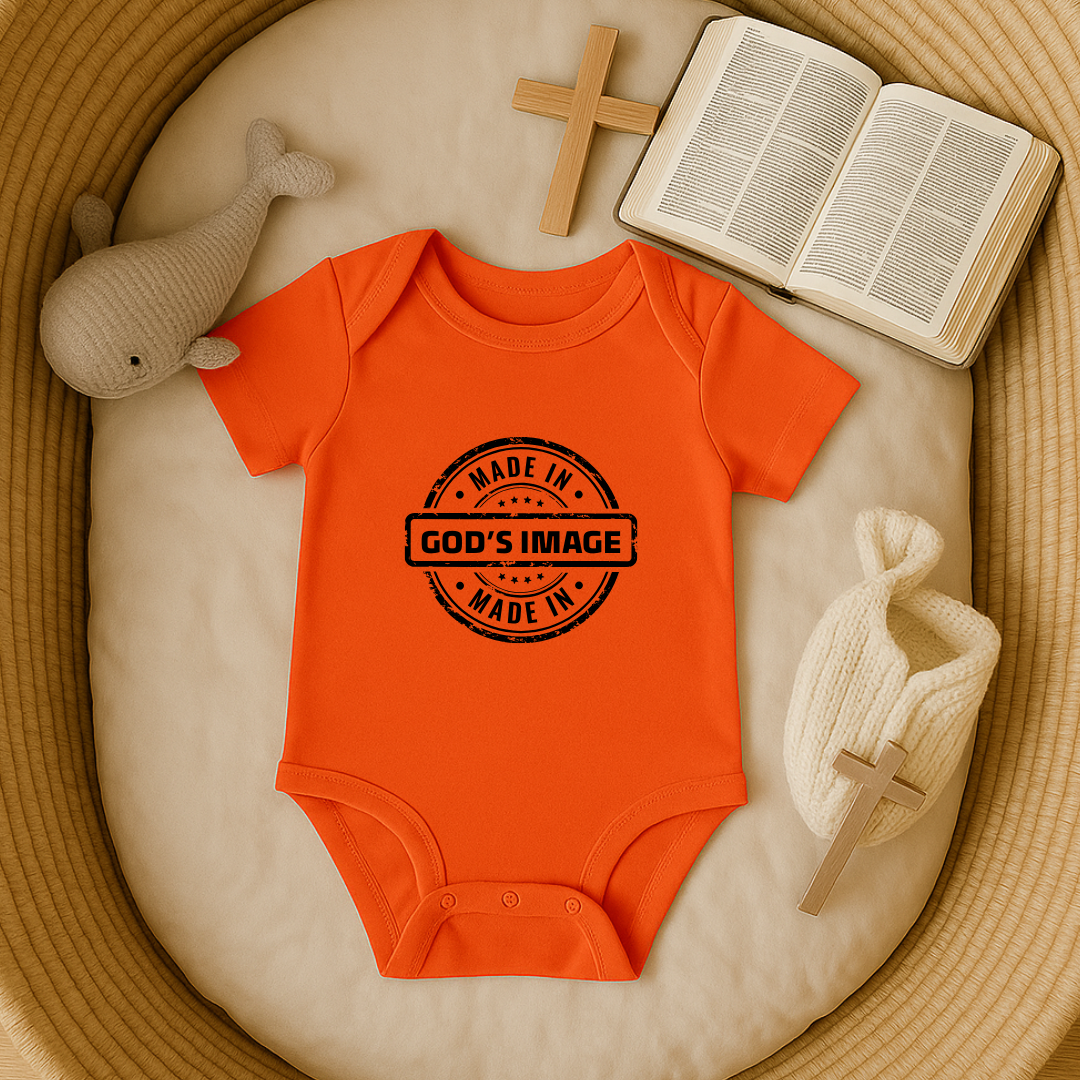 Made in God's Image Stamp Baby Onesie