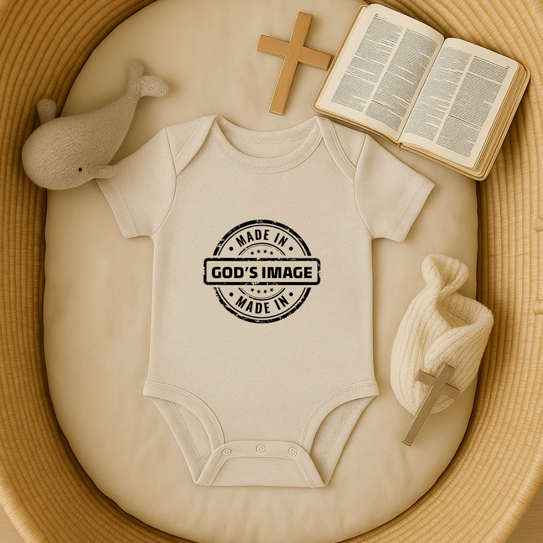Made in God's Image Stamp Baby Onesie