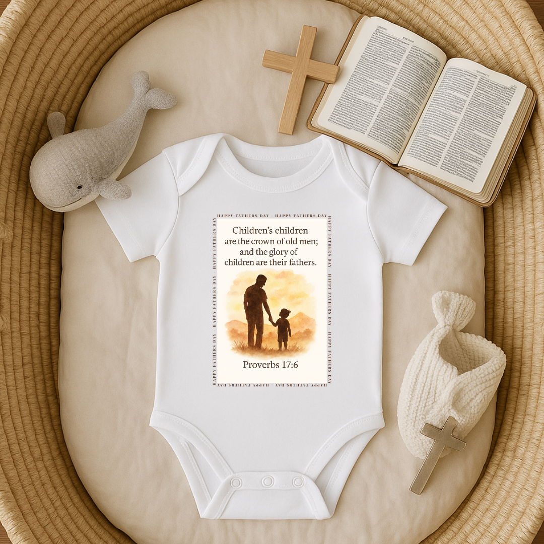 White baby onesie with a printed design and text, placed on a textured surface with a cross, book, and toys.