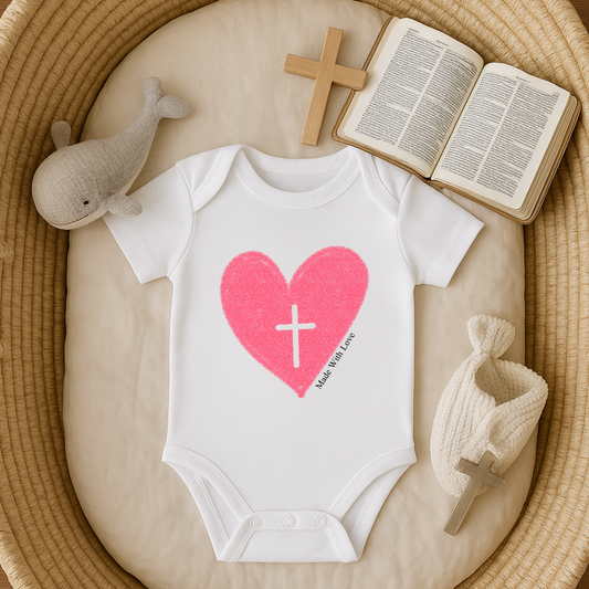 Made with Love Christian Cross Heart Heart Baby Onesie