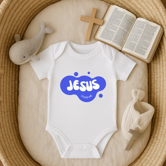 Jesus Loves Me Purple Blue Bubble Baby Onesie