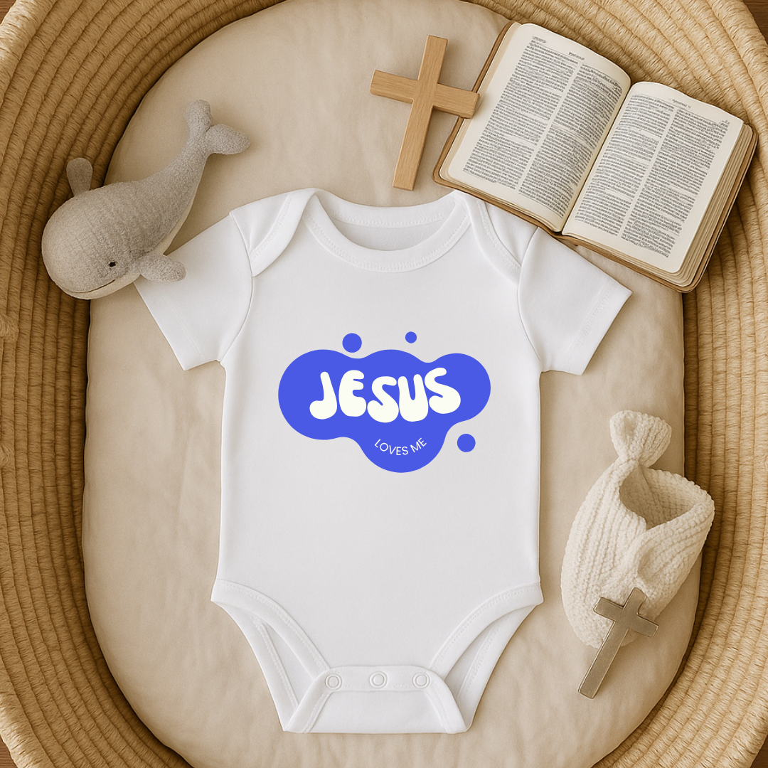 Jesus Loves Me Purple Blue Bubble Baby Onesie