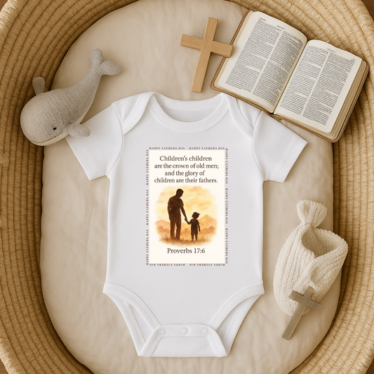 White baby onesie with a printed design and text, placed on a textured surface with a cross, book, and toys.